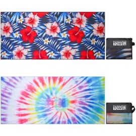 Microfibre Beach Towels for Adults Women Men Extra Large Lightweight Quick Dry Sand Free Travel Towel Double Sided Printing for Swim Sports with Mesh Bag 80×180cm Tropical Flowers + Colorful 2 Pack