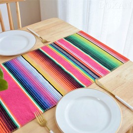 BOXAN Mexican Table Runner Handwoven Fringe Cotton Serape Blanket Table Runners, Colorful Mexican Stripe Table Runner for Mexican Party Decorations Fiesta Party Supplies, 14in x 84in