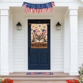 ZAEW Welcome Watercolor Wood Cute Cat Stars Patriotic America 4th of July Memorial Day Independence Day House Flag Large 28X40 Inch Big Vertical Double Sided Outside Yard Outdoor Outside Holiday Decoration