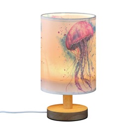 YYZZH Table Lamp Watercolor Painting Jellyfish Nightstand Lamp with Wood Base Fabric Lamp Shade Bedside Desk Lamp for Living Room Bedroom Kids Room Office