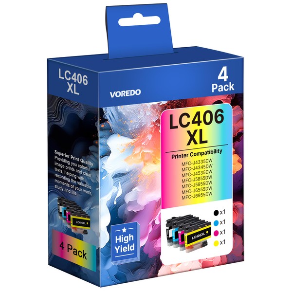 LC406XL Ink Cartridges Combo Pack Replacement (4-Pack, B/C/M/Y) VOREDO- Compatible
