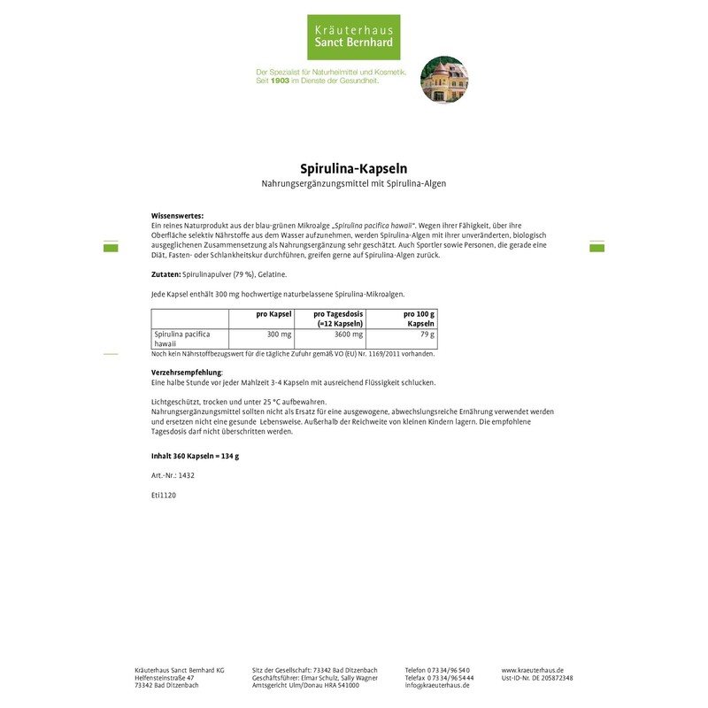 Sanct Bernhard Spirulina Capsules with Natural Spirulina Microalgae 1080 Capsules