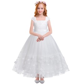 White Flower Girl Dress for Kids Wedding First Communion Dresses Pageant Formal Party Bridesmaid Gown Little Big Princess Birthday Baptism Christening Bowknot Tulle Dress White - Flower 9-10 Years