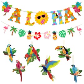 PYSEOSISE Tropical Birds Decorations, Pack of 6 Parrot Decoration and 2 Pieces Hawaiian Party Decoration Banner, Jungle Decoration, Garden Party Decoration for Luau Party, Summer Party, Pool Party