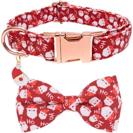 Faygarsle Red Dog Collar Christmas Design with Bow Metal Buckle Santa Claus Pattern for Small Medium Large Dogs Bowtie Style Collar Cute Stylish Girl Boy Christmas Dog Collar L