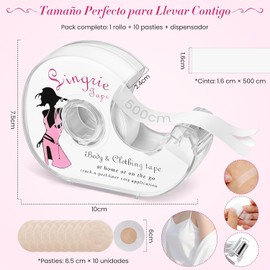 Cinta Doble Cara para Ropa y Piel de 5 Metros，Cinta Adhesiva Invisible para Telas con 10pcs Pezón sin Respaldo，Double Sided Tape for Clothing con Cortador portátil