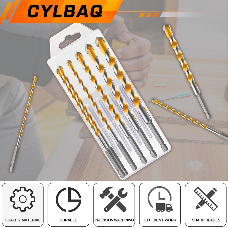 CYLBAQ Carbide Tips Drill Bit Set Hex Shank, 6PCS 160mm