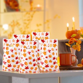 Kosiz 100 Pcs Plastic Fall Goodie Bags Maple Leaves Treat Candy Bags with Handles for Autumn Harvest Thanksgiving Fall Party Favor Supplies, 9.84'' x 6.5''