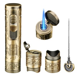 XIFEI Torch Lighter, 4-in-1 Cigar Lighter with Jet Flame, Punch, Holder, Draw Enhancer, Windproof Refillable Butane Lighters, Multi-Functional Cigar Accessories Gift for Men (Bronze)
