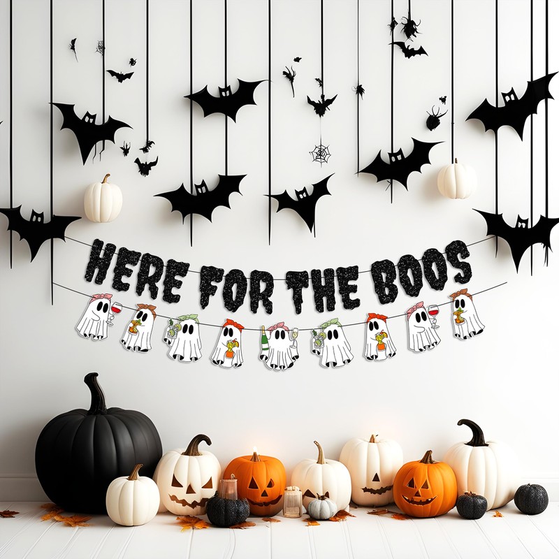Halloween Ghost Party Banner, Here for the Boos Glitter Banner