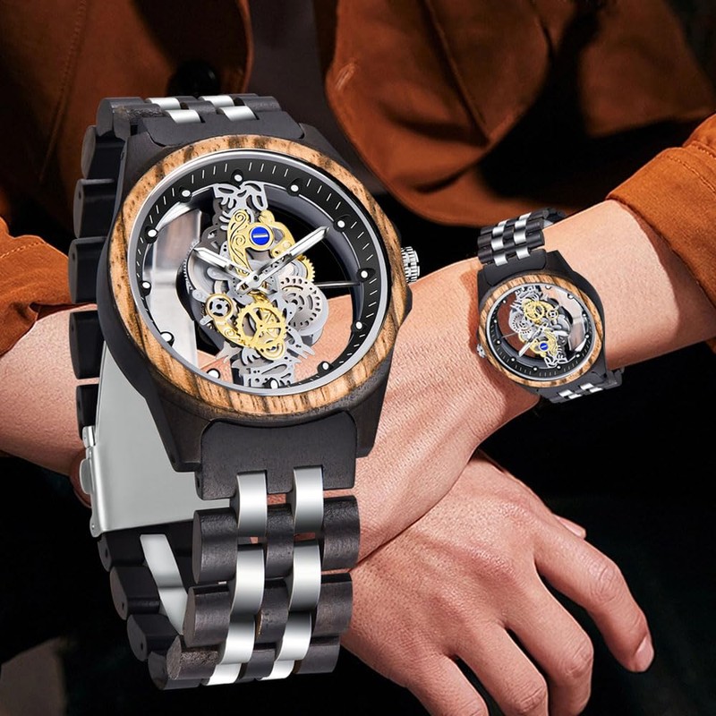 Dentily Men's Hollow Skeleton Wooden Watch Retro Gear Carving Design