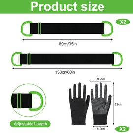 Adjustable Lifting Moving Straps, 2PCS Single or Multi-Person Retractable Carrying Strap, Heavy Lifting Straps with Black Gloves for Furniture Mattress Boxes Construction Materials