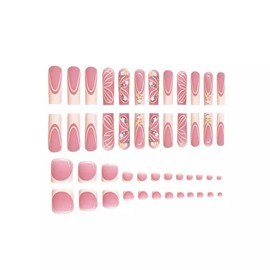 48pcs Long Coffin Press on Nails and Toes Matching Set French Tip Fake Fingers Toe Nail Tips Press ons Rhinestones Butterfly Flower Glue on Toe Nails Square Summer False Toe Nails for Women