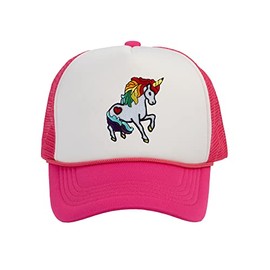 Adult Unicorn Rainbow Mesh Cap Snapback Trucker Hat, White/Hot Pink