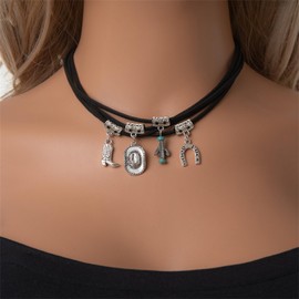 colobublie Cowboy Boot Hat Leather Choker Necklace Western Style Boho Charm Layered Silver Texas Boots Hats Horse Shoe Turquoise Cactus Flower Pendant Necklace for Women Country Cowgirl Jewelry Gifts