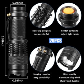 Fumete 20 Pieces LED Flashlight Mini 3 Mode Tactical Torch Small Water Resistant Pocket Flash Light Adjustable Focus Light Pen for Men, Father, Indoor Outdoor Hiking(Black)
