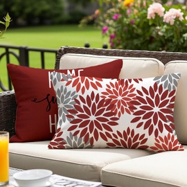 Vorysum Outdoor Cushion 30 x 50 cm, Set of 2 Red Modern Cushion Covers, Dahlia Cushion Cover, Flowers, Decorative Sofa Cushion, Velvet Look for Garden, Sofa, Living Room, Bed, Double-Sided Pattern