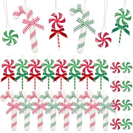 Pack of 24 Candy Cane Christmas Tree Decorations, Red Green Christmas Candy Decorations with Bow Candy Christmas Tree Hanging Ornaments with Rope for Home Party Chriatmas Tree Decorations (Red Green)