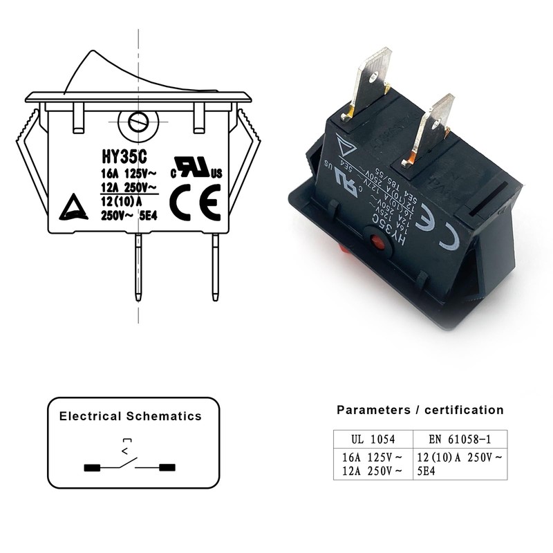 1-Pack HY35C Rocker Switch – SPST 2-Pin 16A/125V 12A/250V Push