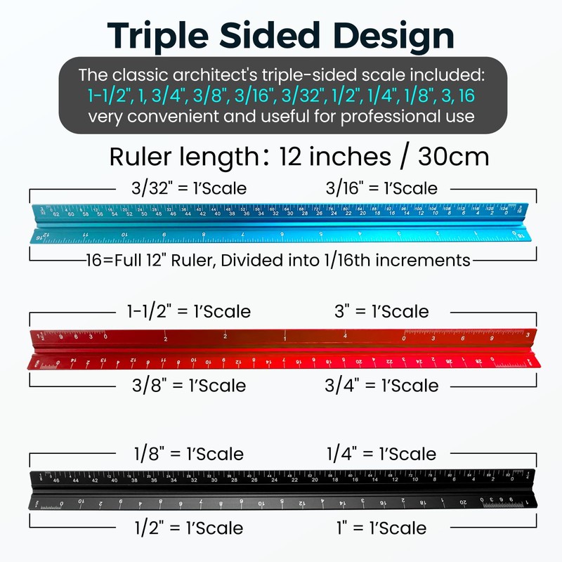 Rena Chris 2PCS Architectural Scale Ruler: 12" Imperial Aluminum Alloy