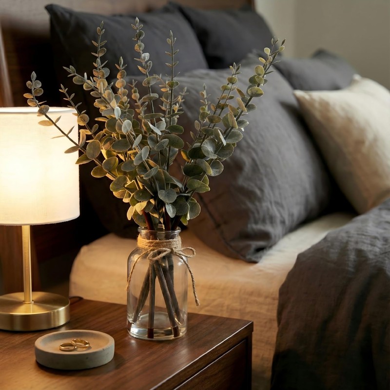 Artificial Eucalyptus Stems in Glass Vase with Faux Water, 17.5"