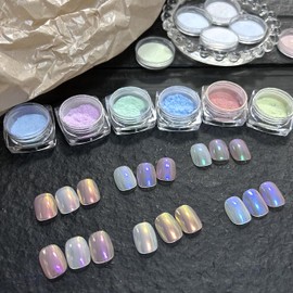 Pretty Diva 6 Jars Chrome Nail Powder, Magic Pearl Chrome Nail Powder Kit Mirror Effect Iridescent Aurora Mermaid Chrome Powder Nail Pigment