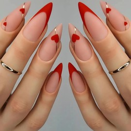 French Tip Press on Nails Almond Medium, Artificial Acrylic Fake Nails with Red Love Heart Design, Full Cover Reusable Coffin Glossy False Nails, Glue on Nails for Women, Stick on Nails for Nail Art