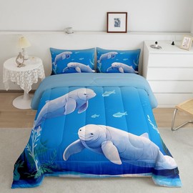Erosebridal Cartoon Manatees Comforter Set Queen, Marine Animals Bedding for Kids Boys Girls, Kawaii Sea Life Room Decor Bedding Comforter Sets, Blue Nautical Fishes Sea Weed Duvet Insert