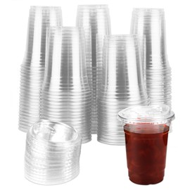 100 Sets 16 Oz Plastic Cups with Lids, Iced Coffee Cups with Lids, Strawless Sip-Lids Design, No Need for Straws, Durable PET Plastic Cups with Lids, Iced Coffee Cups with Lids, Plastic Cups with Lids