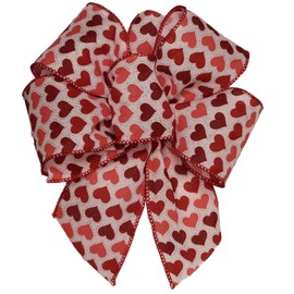 12-Pack, Love Collection Bows, Peach & Red Hearts on White 2.5" Wide Wired Edge Ribbon, 4-Loops and Center Loop, 7" Wide by 8" Long with Two 4" Tails. Exquisite Beauty for Every Budget.