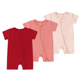 Teach Leanbh Unisex Baby 3 Pack Bamboo Viscose Pajamas 2 Way Zipper Short Sleeve Romper Jumpsuit Sleep and Play (Red/Pink Set, 18-24 Months)