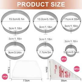 8Pcs Round Cookie Cutter Set,6 Stainless Circle Cookie Cutter(2/3/3.5/4/5/6 Inch) with Hard Flexible Plastic Dough Scrapers and 10 Piping Bags, Biscuit Cutters for Baking Cookies, Pastries and Donuts