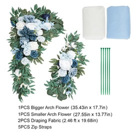 Emivery Wedding Arch Flowers Kit (Pack of 4) Dusty Blue Flower Arrangement with 2pcs Draping Fabric Artificial Flower Swag for Wedding Ceremony Reception Backdrop Decorations