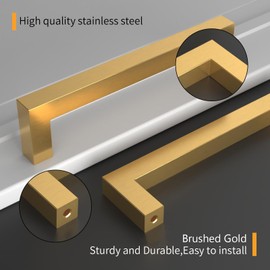 Amerdeco 10 Pack Brushed Gold Cabinet Pulls 5 Inch(128mm) Hole Centers Kitchen Cabinet Handles Cabinet Hardware Cupboard Handles Square Drawer Pulls SH0004
