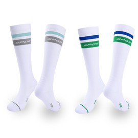 KICAS 2 Pairs Performance Tall Socks, Best for Hockey, Running, Flight, Travel, Compression Arch Support (CA/US, Numeric, 5, 7, Regular, Regular, Standard, White/Grey+White/Green)
