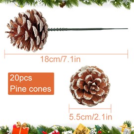 20Pcs 2 Inch Snow Tipped Christmas Natural Pine Cones, Snowy Pine Cones with 5 Inch Green Pick, Pine Cone Sticks for Craft Garland Xmas Tree Decorations Wreath Ornaments Home Party Holiday Decor