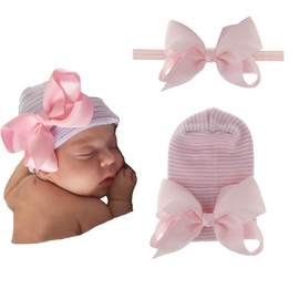 NUOSYI 2PCS Newborn Baby Hat Infant Caps Baby Boy Girl Toddler Hospital Hats Bow Double Layer Knit Beanie Cap With Headband for 0-3 Months(pink, elastic)