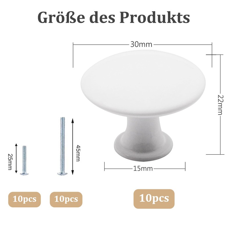 Misuyue Pack of 10 Furniture Knobs, White, 30 mm Round