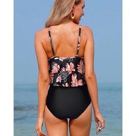 Holipick - Traje de baño tankini para mujer, dos piezas, con volantes, parte inferior de cintura alta, conjunto de bikini para adolescentes y niñas, Negro Floral, S