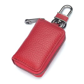 EXKOKORO Leather Car Key Case Holder Auto Car Key Chain Protector Cover Zipper Bag Car Remote Key Fob for Car, Red, Large