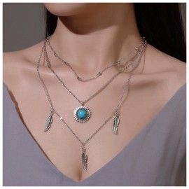 Inilbran Boho Layered Turquoise Choker Necklace Silver Leaf Feather Pendant Necklace Silver Turquoise Stone Necklace Choker Green Turquoise Gemstone Necklace Chain Necklace Jewelry for Women and Girls