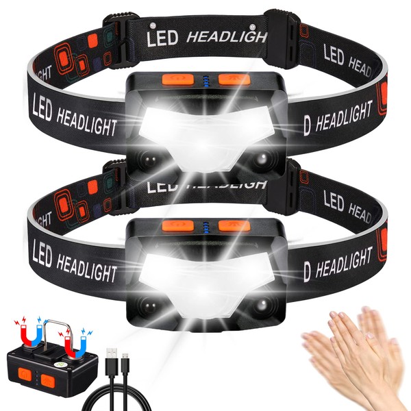 Headlamp LED Rechargeable Hyted Pack of 2 Super Bright Sensor LED Head Torch Head Torch 1500 Lumens 9 Light Modes Waterproof Lightweight Head Torch for Fishing, Jogging, Camping