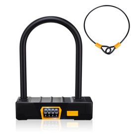 Bike Lock + Steel Security Cable, 4 Digit Resettable Combination Bicycle U Lock, Secure Locks for Electric Bike, Escooter, Motorcycle, Tri-Bike Wheel