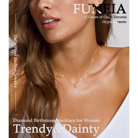 FUNEIA Diamond Necklaces for Women 14K Gold Plated Emerald Birthstone Necklace for Women Mothers Dainty Gold Necklace Blue Green Cubic Zirconia Pendant Necklace Birthday Gifts for Women Jewelry