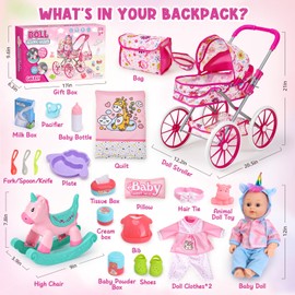 Golray 12 in Baby Doll Toys Set with Stroller for 3 4 5 6 Year Old Girl - 26pcs Babydoll with Accessories Rocking Horse/2 Clothes, Feeding Nursing Pretend Play Toddler Girl Toy Gift 3-5-7