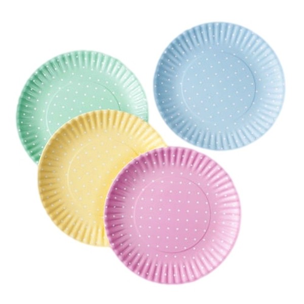 Pastel Polka Dot Picnic/Dinner Plate, 9 Inch Melamine, Set of 4, Pink, Blue, Yellow, Green