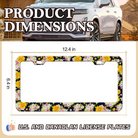 HCSS Colorful Flowers License Plate Frame White Yellow Cute Floral Stainless Steel License Plate Holder Cover Car Accessory Rust-Proof Waterproof Car Decorative Tag Frames for Standard US 12x6 Inch