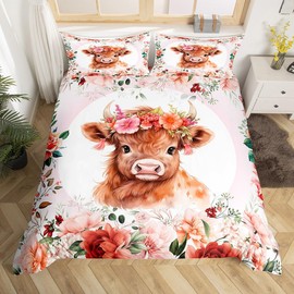 Feelyou Cute Highland Cow Bedding Set Toddler Kids Cartoon Animal Comforter Cover Set for Boys Girls Teens Flower Floral Print Duvet Cover Farm Zoo Garden Theme Bedspread Cover (No Comforter)