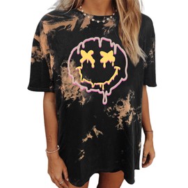 Avanova Women Short Sleeve Loose Fit Tops Tie Dye Oversized T Shirts Smiley Face Graphic Tees Tie Dye Brown W Large