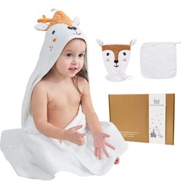Baby Bath Towel Set, 3-Piece Baby Towel Set, 1 x Baby Hooded Towel 90 cm, 1 x Baby Wash Cloth 25 cm and 1 x Shower Gloves, Baby Towel with Hood for Newborns, Soft and Super Absorbent (Deer)